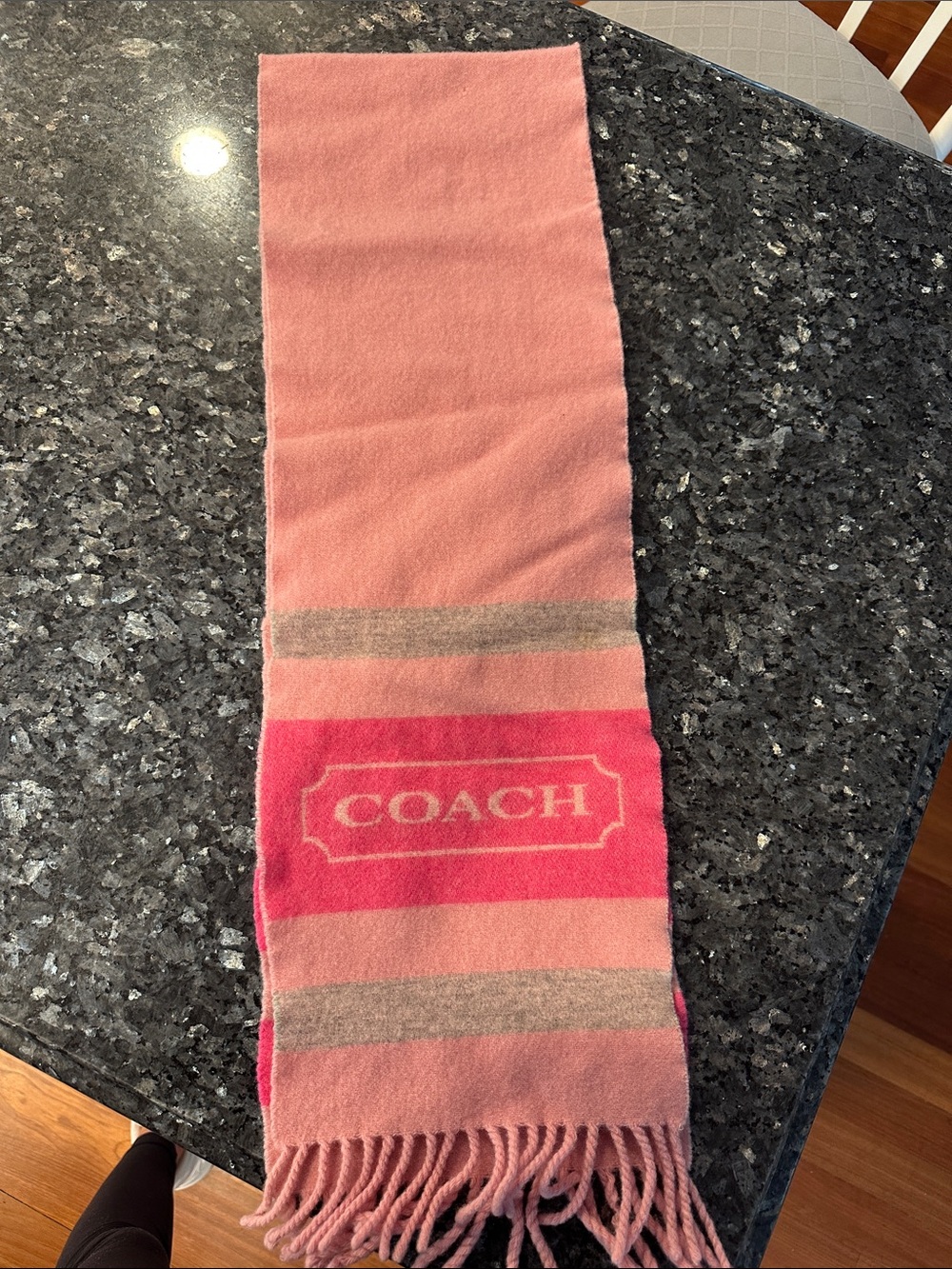 COACH Pink Logo Fringe Wool Scarf with Gray Accents